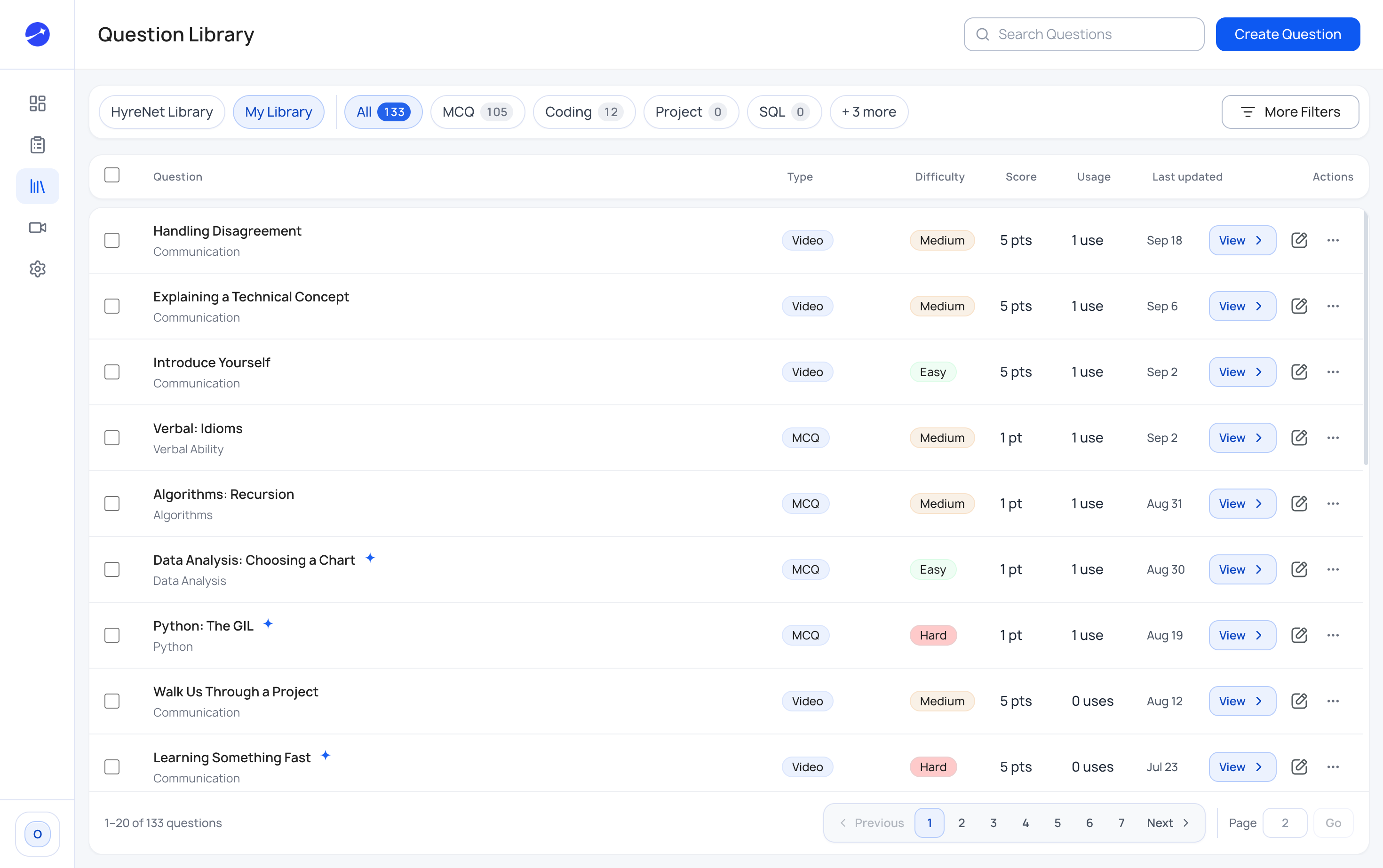 Hyrenet Assessments: Choose Questions screen