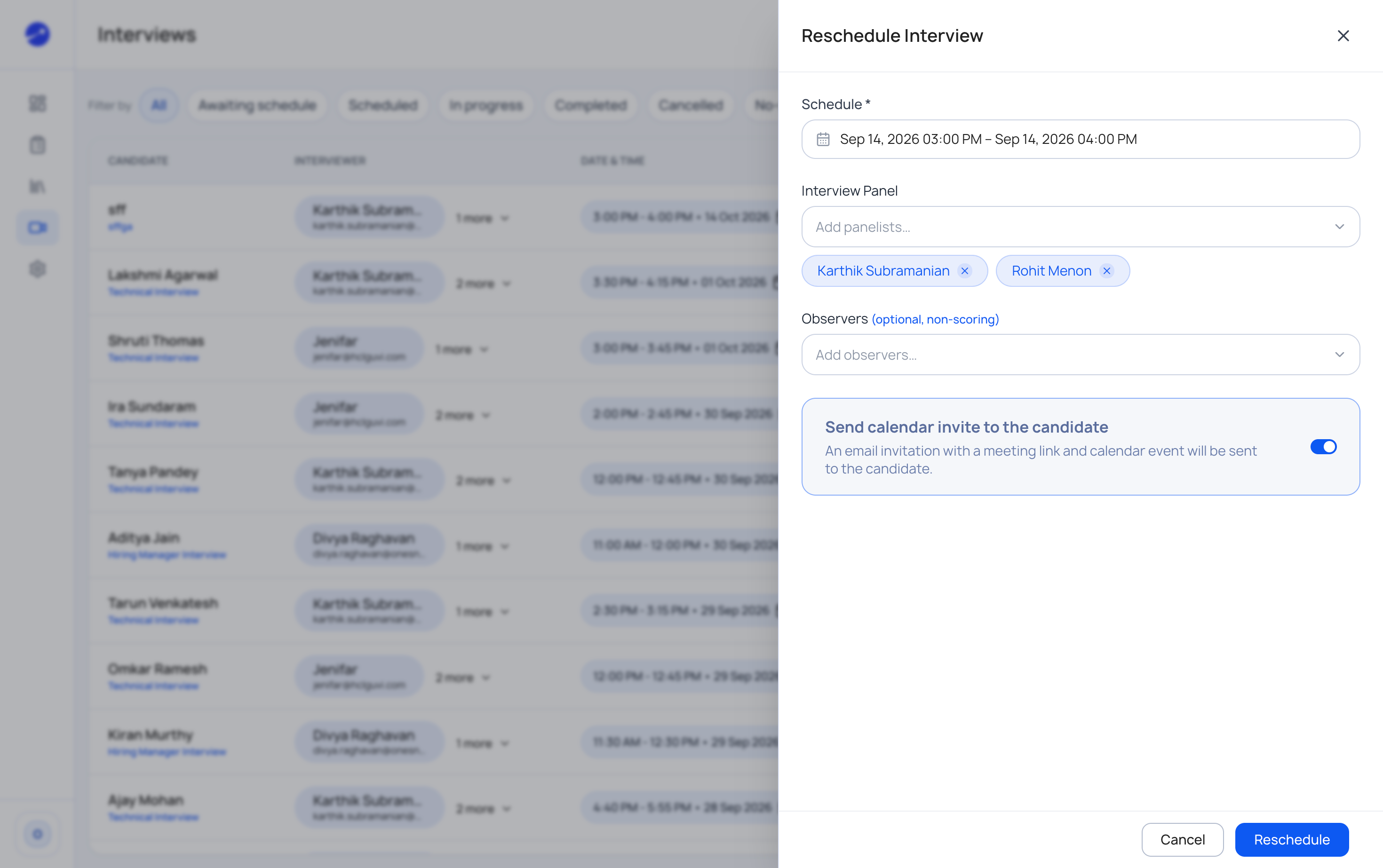 Hyrenet Interviews: Schedule Interview screen